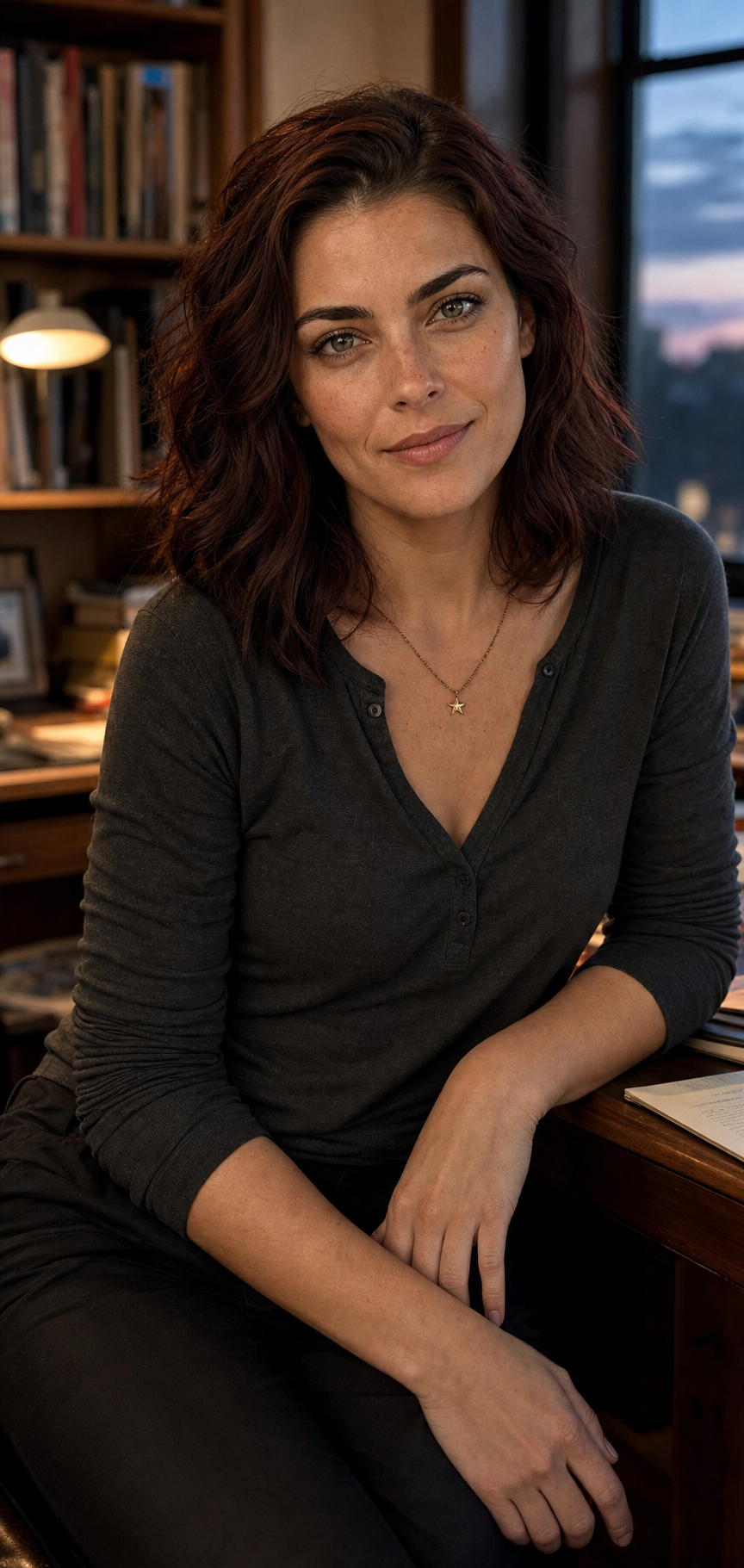 Aster Solas seated beside her desk